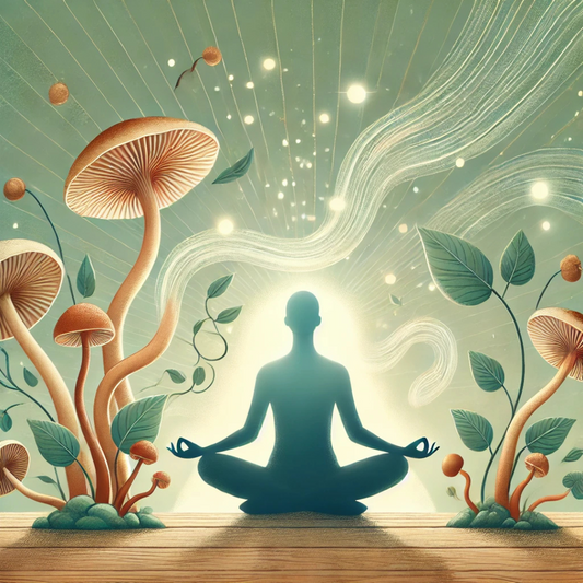 Illustration of a person meditating in a serene, natural setting, surrounded by vibrant Cordyceps mushrooms and green leaves. Soft, flowing lines and a gentle glow emanate from the background, symbolizing energy, vitality, and calm. 