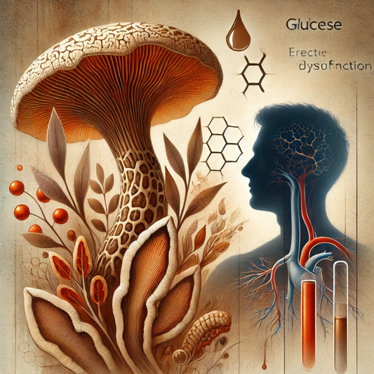 Illustration depicting the relationship between diabetes, erectile dysfunction, and Cordyceps sinensis. The artwork emphasizes the potential of Cordyceps in supporting blood circulation, hormone balance, and overall men’s health.