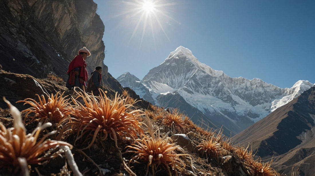 An intricate illustration of the rugged Himalayan mountains with steep cliffs and snow-capped peaks under a clear, crisp sky. In the foreground, a detailed close-up of the Cordyceps sinensis.