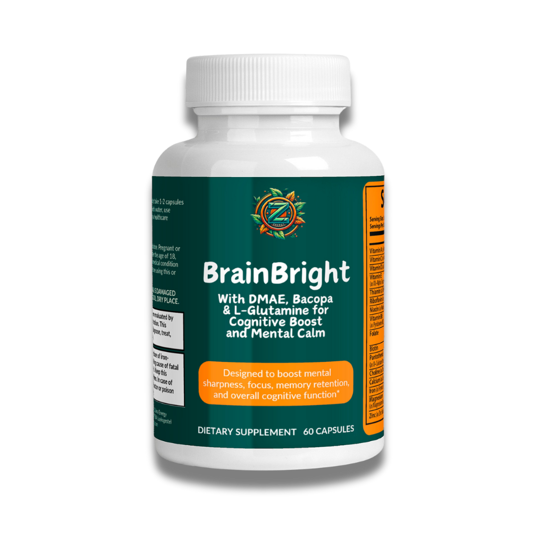 Single bottle of BrainBright by Zukra Energy for enhanced cognitive function, focus, and calm.