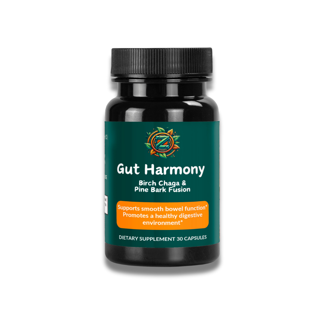 Single bottle of Gut Harmony Capsules - Birch Chaga and Pine Bark Fusion for digestive health by Zukra Energy.