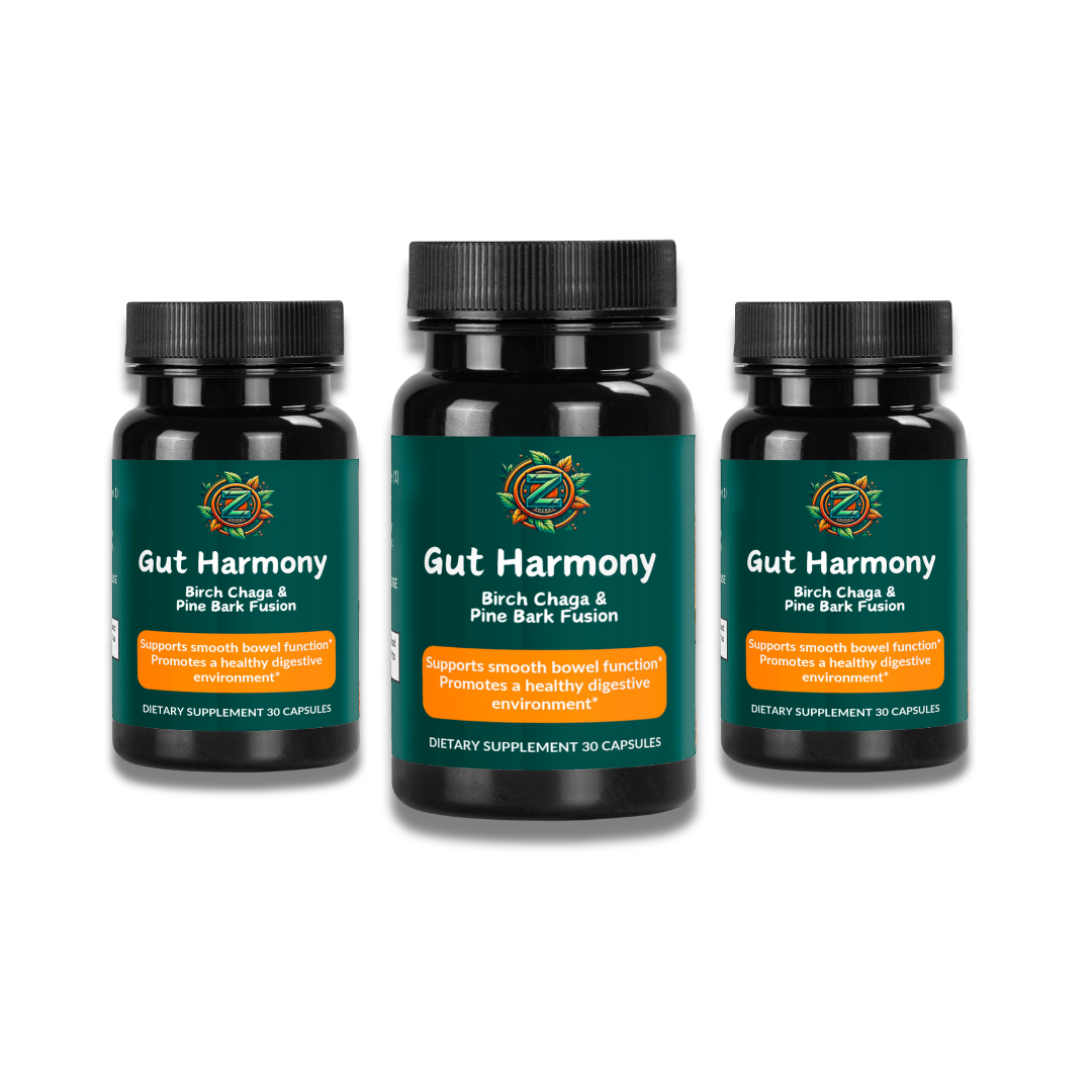 Three-bottle bundle of Gut Harmony Powder - Natural gut wellness with Birch Chaga and Pine Bark, by Zukra Energy. 