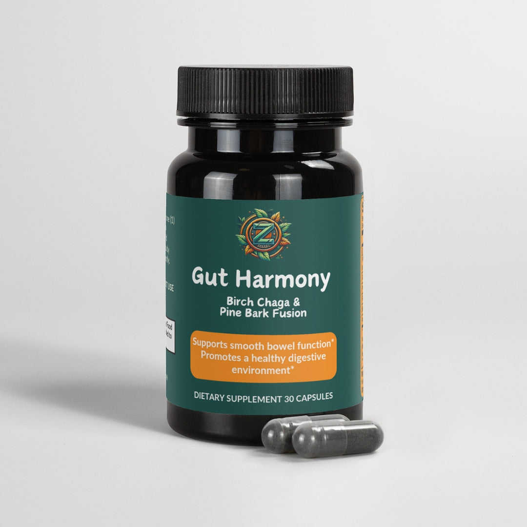 Close-up of Gut Harmony Capsules bottle, highlighting Birch Chaga & Pine Bark Fusion for digestive wellness.