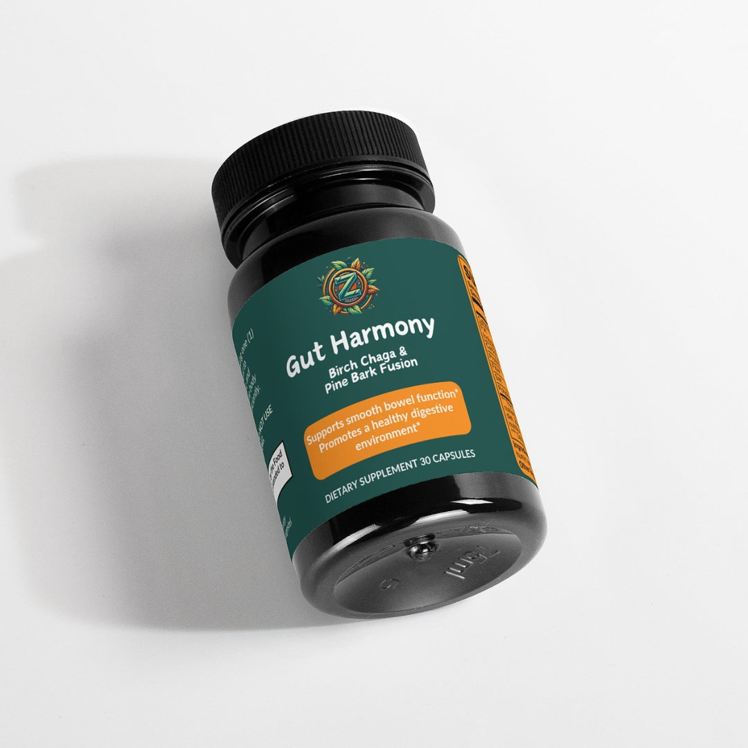 Gut Harmony Capsules bottle lying flat, showcasing Birch Chaga & Pine Bark label design.