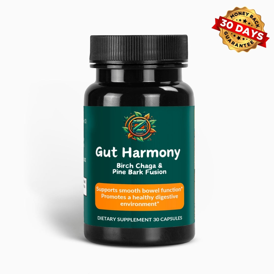 Gut Harmony Capsules bottle with 30-day money-back guarantee badge, highlighting digestive health benefits.