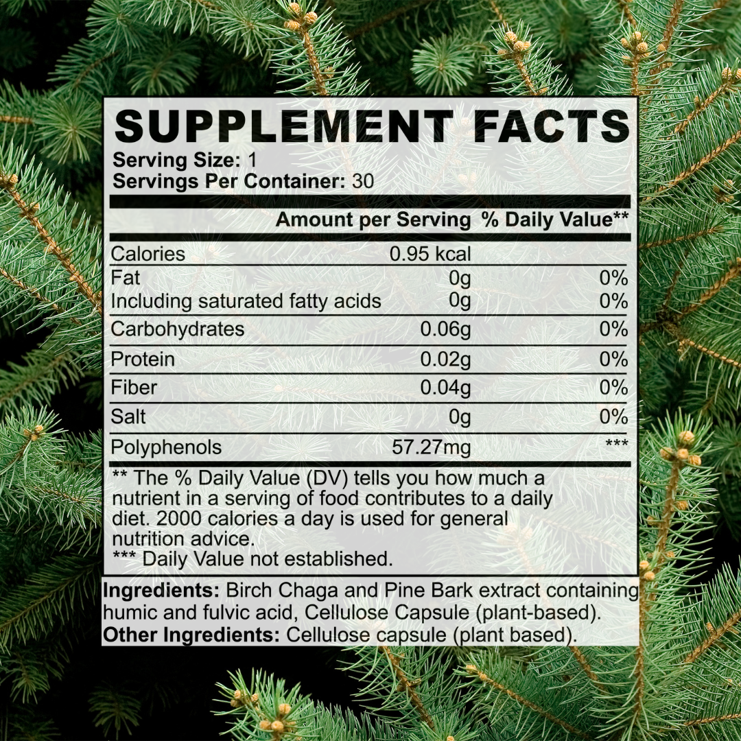 Supplement facts label for Gut Harmony Capsules - contains Birch Chaga, Pine Bark extract, and fulvic acids.