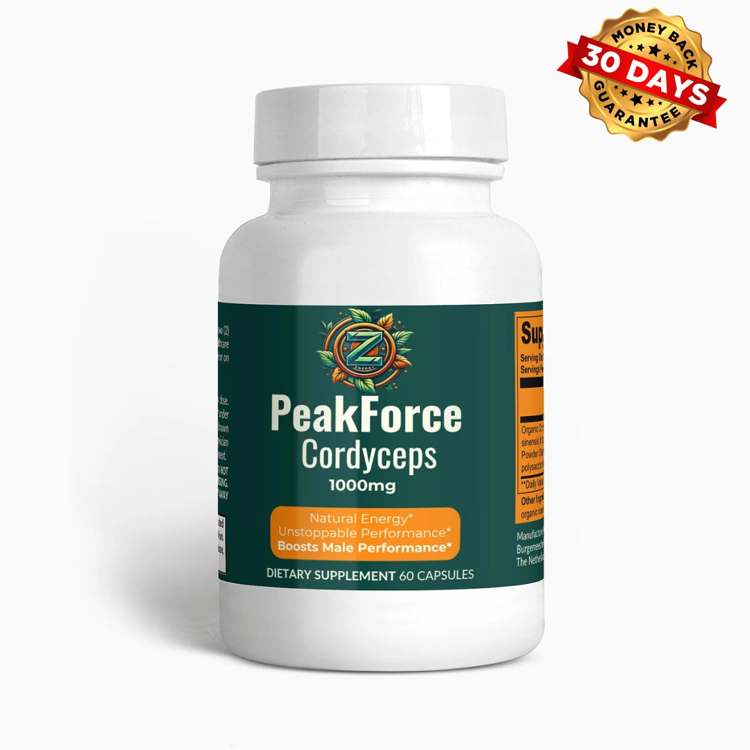 Front view of PeakForce Cordyceps bottle by Zukra Energy showcasing a natural energy and endurance supplement.