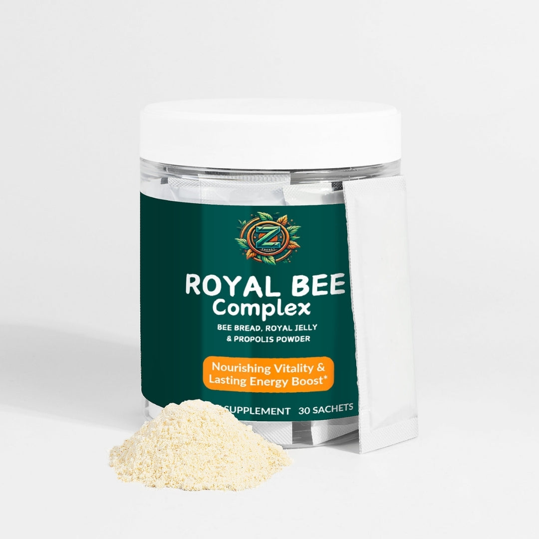 Close-up of Royal Bee Complex by Zukra Energy – showcasing bee bread, royal jelly, and propolis supplement for vitality.