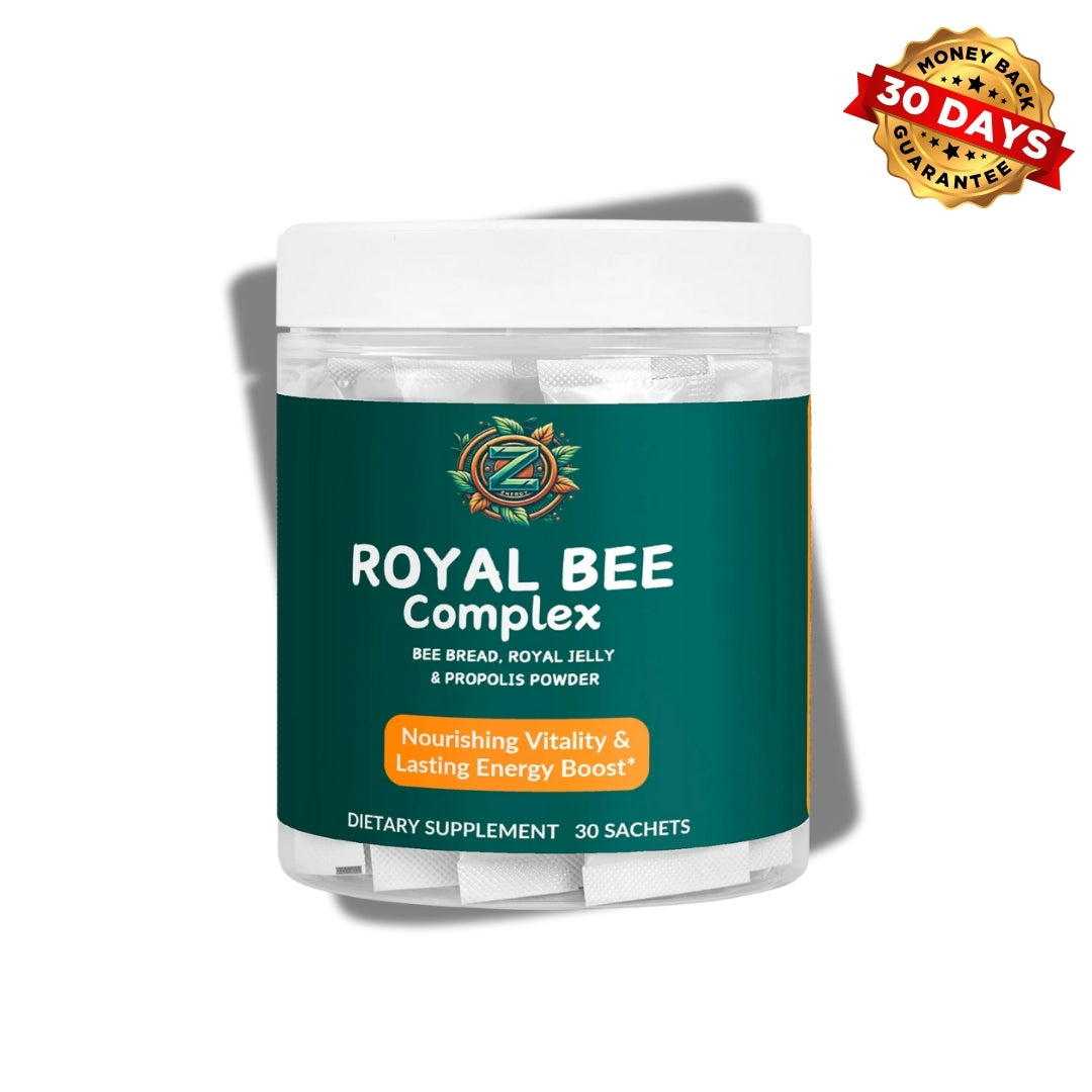 Royal Bee Complex front view by Zukra Energy – dietary supplement with bee bread, royal jelly, and propolis powder for vitality and energy.