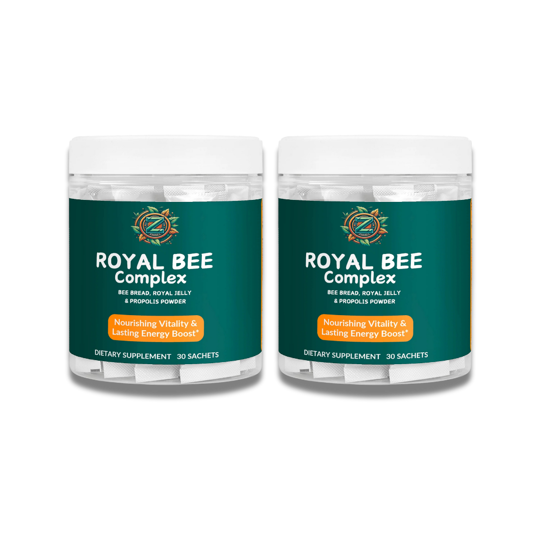 Two bottles of Royal Bee Complex by Zukra Energy – dietary supplement with bee bread, royal jelly, and propolis for sustained energy