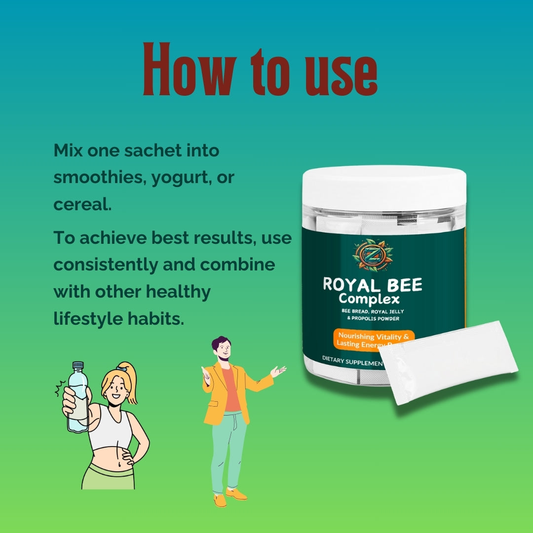 How to use Royal Bee Complex – mix one sachet into smoothies, yogurt, or cereal for vitality and energy boost.