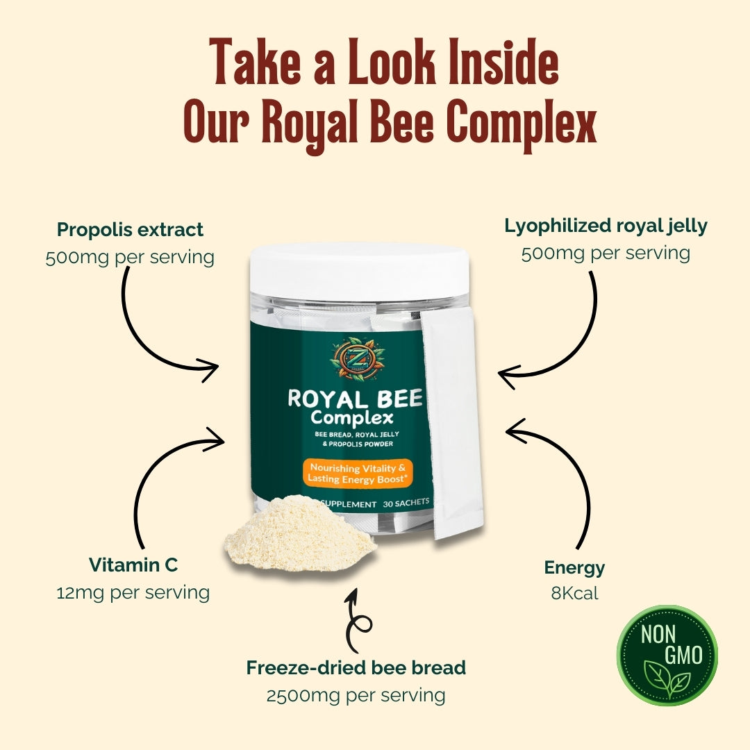 Royal Bee Complex ingredients – contains freeze-dried bee bread, royal jelly, propolis extract, and vitamin C for immune support and energy.