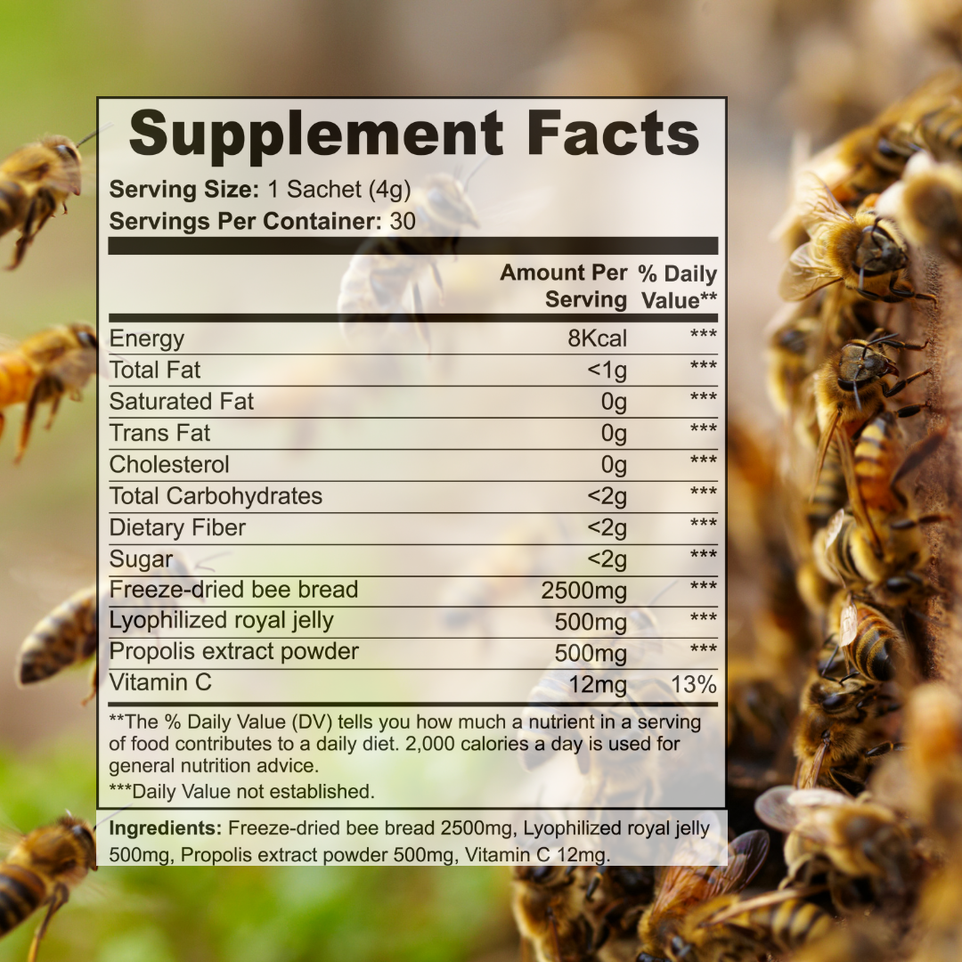 Supplement facts for Royal Bee Complex – detailed nutritional information for bee bread, royal jelly, and propolis powder blend.