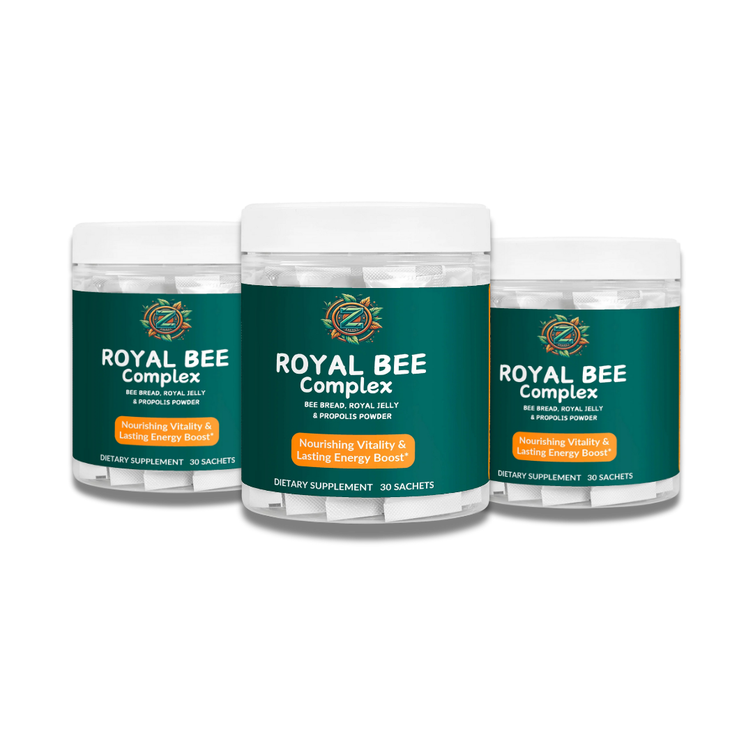 Three bottles of Royal Bee Complex by Zukra Energy – natural supplement for vitality and immune support.