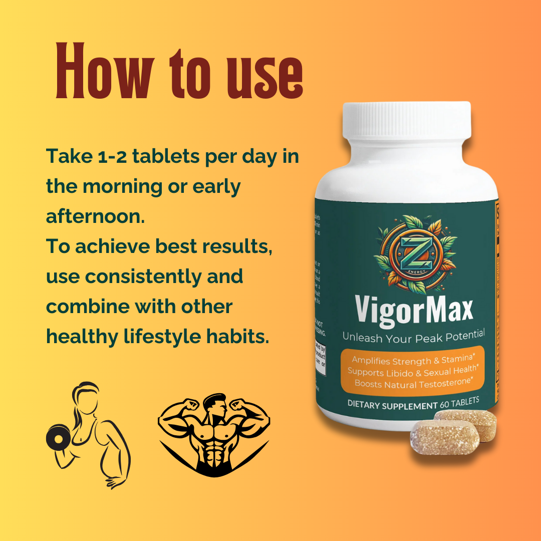 How to use VigorMax by Zukra Energy – Instructions suggesting 1-2 tablets per day in the morning or early afternoon for best results.