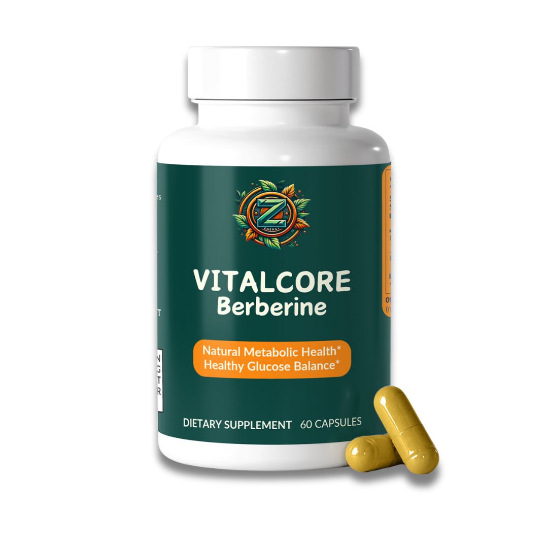 Close-up of VitalCore Berberine bottle by Zukra Energy – supports natural metabolic health and glucose balance.