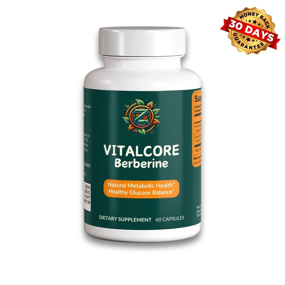 VitalCore Berberine bottle front view by Zukra Energy – Natural supplement for metabolic health and healthy glucose balance.