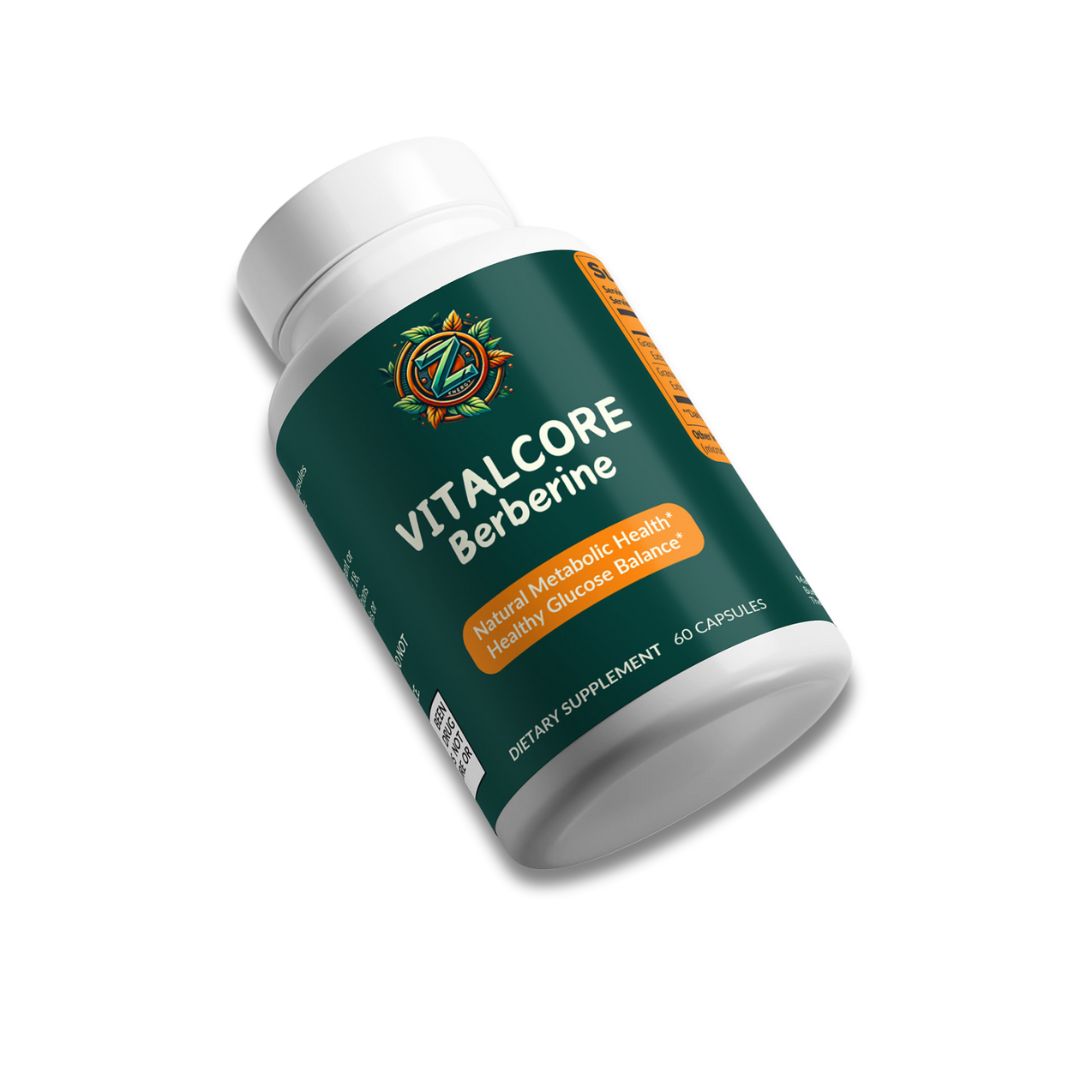 VitalCore Berberine bottle lying flat by Zukra Energy – dietary supplement for healthy glucose levels and metabolic support.