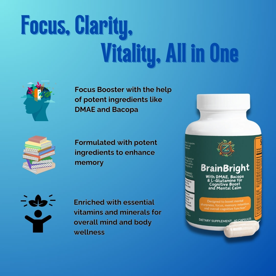 BrainBright benefits by Zukra Energy: boosts focus, memory support, and overall wellness with essential vitamins.