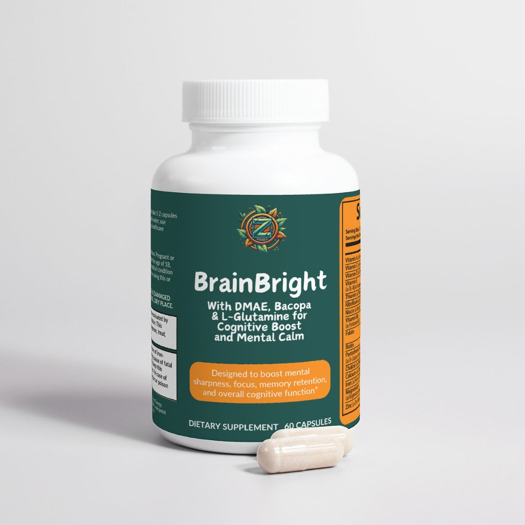 Close-up of BrainBright bottle and capsule by Zukra Energy for mental clarity and cognitive enhancement.