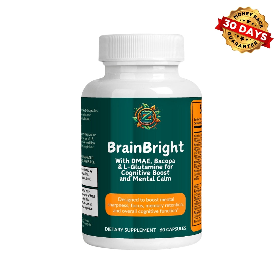 BrainBright bottle by Zukra Energy with a 30-day money-back guarantee for cognitive boost and mental clarity.