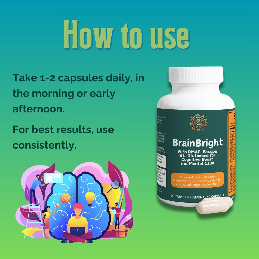 How to use BrainBright supplement from Zukra Energy: Take 1-2 capsules daily for optimal cognitive support and mental calm.