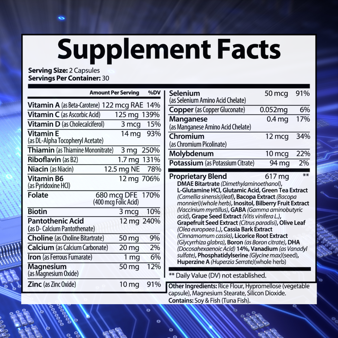 BrainBright supplement facts label showing detailed ingredients, vitamins, and proprietary blend for cognitive health.