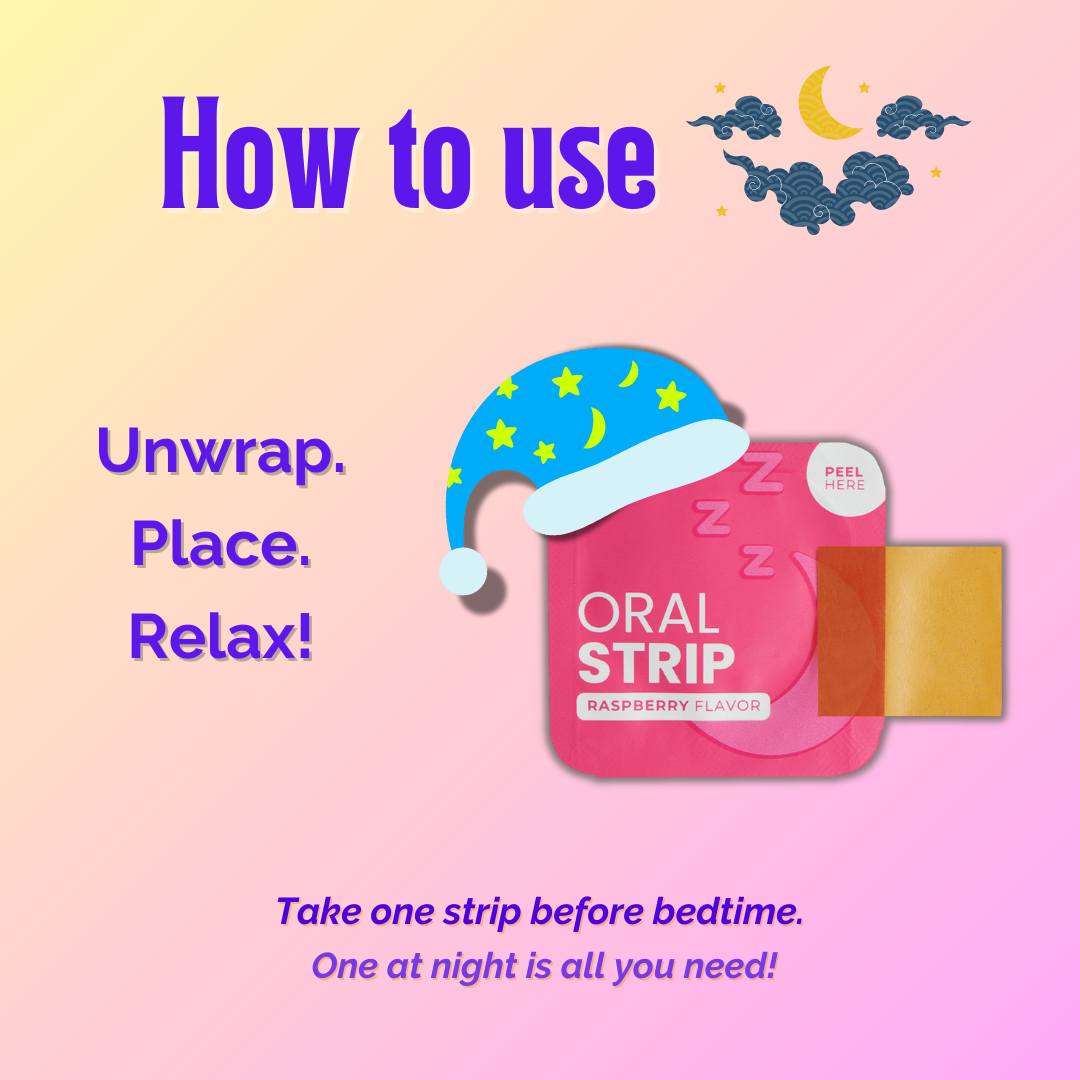 Instructional graphic demonstrating how to use CalmWave Strips: unwrap, place on the tongue, and relax. Features dreamy illustrations.