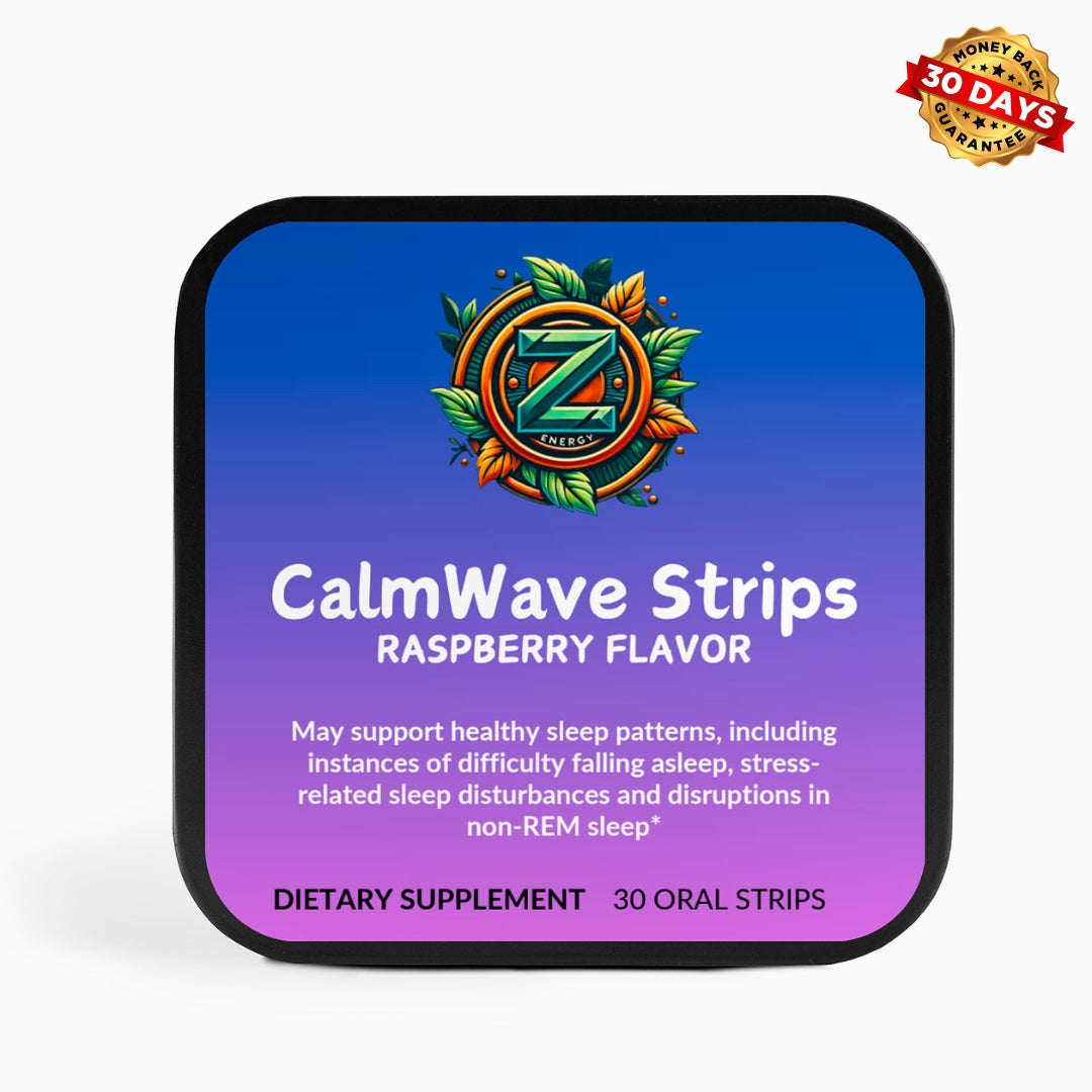 Front view of CalmWave Strips tin showcasing the raspberry flavour and product branding by Zukra Energy.