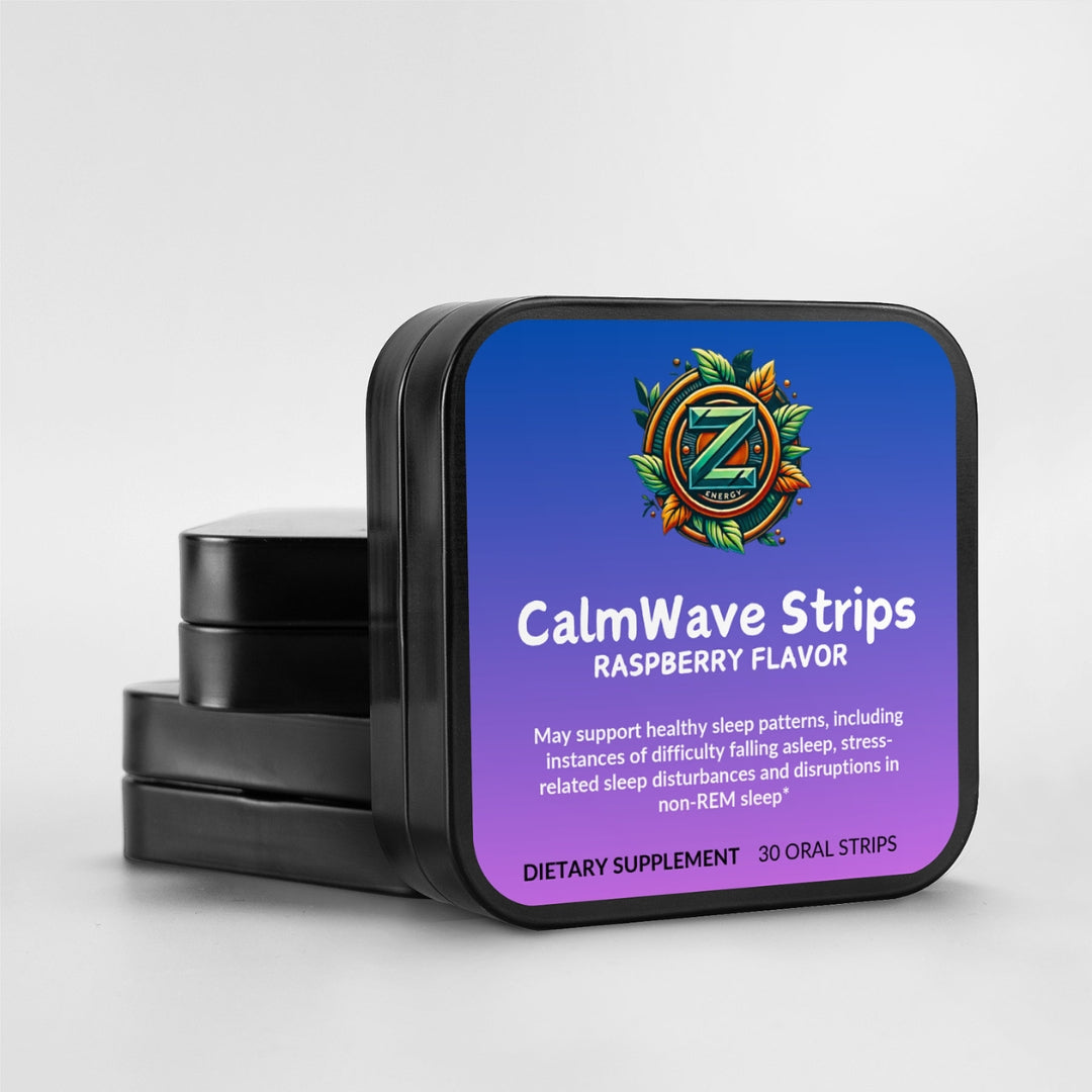 Compact tin packaging of CalmWave Strips with raspberry flavour branding and Zukra Energy logo.