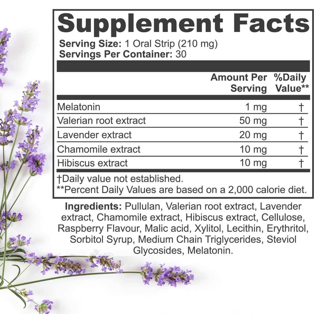 Supplement facts and ingredient list of CalmWave Strips by Zukra Energy, featuring valerian root, lavender, chamomile, and melatonin.