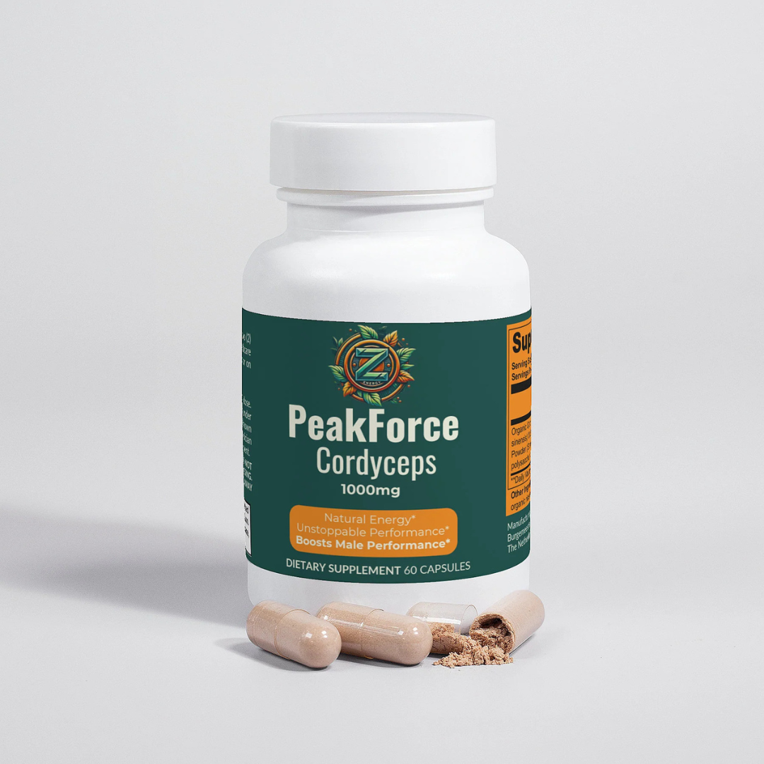 Close-up of PeakForce Cordyceps bottle by Zukra Energy for boosting endurance and natural energy.