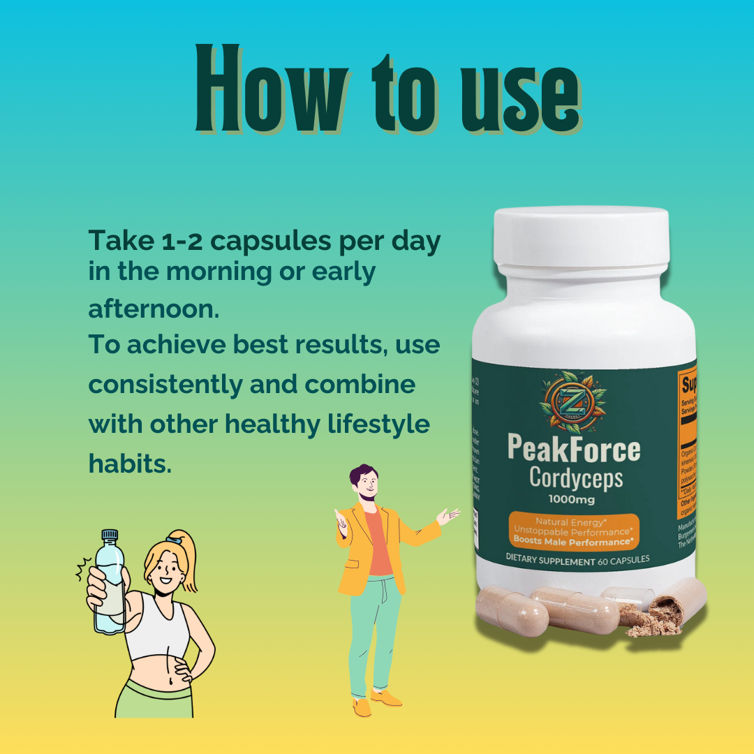  How to use PeakForce Cordyceps by Zukra Energy: take 1-2 capsules daily to boost stamina and endurance.